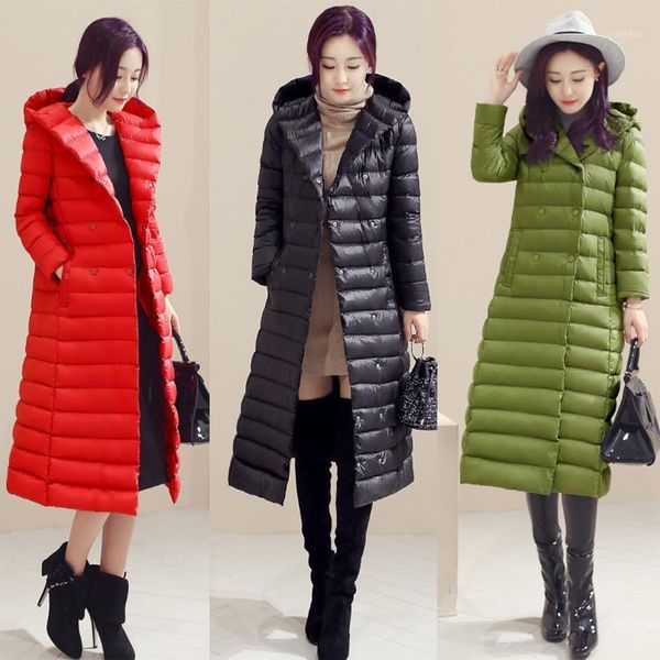 

womans ultra light down jackets slim hooded extra long women white duck down padded coats warm duck parkas with belt jk-6131, Black
