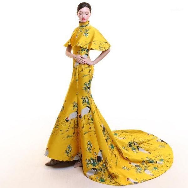 

chinese compere traditional dress yellow cheongsams short sleeve qipao show clothes mujere vestido evening emcee dresses1, Red