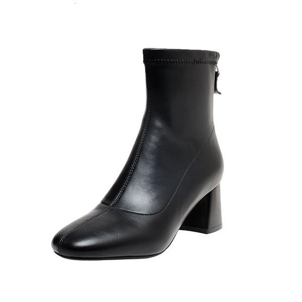 

2021 new concise genuine leather women's ankle boots autumn winter thick high heels pumps office lady party shoes woman 8dcd, Black