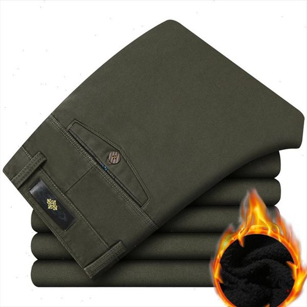 

2021 warm fleece winter pants men thicken smart casual trousers brand clothing khaki army green pants for male 201, Black