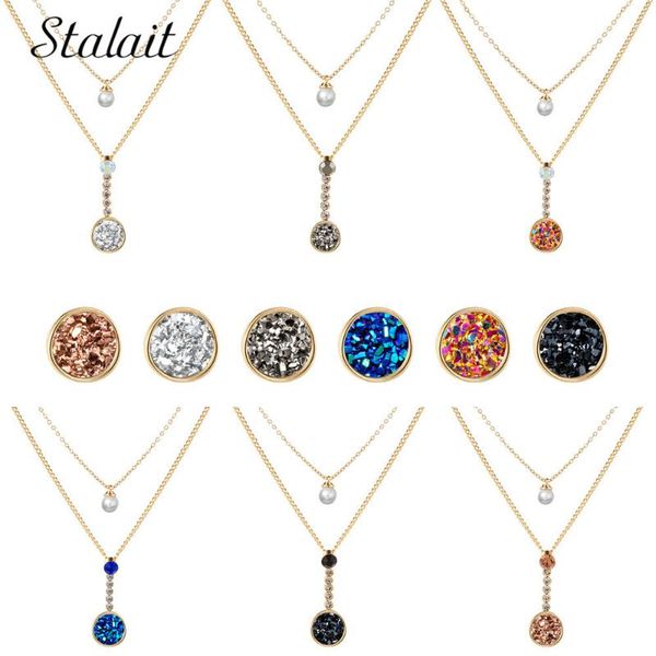 

charm round mosaic natural druzy pearl pendant necklace double layer crystal gold color chain for women jewelry, Silver
