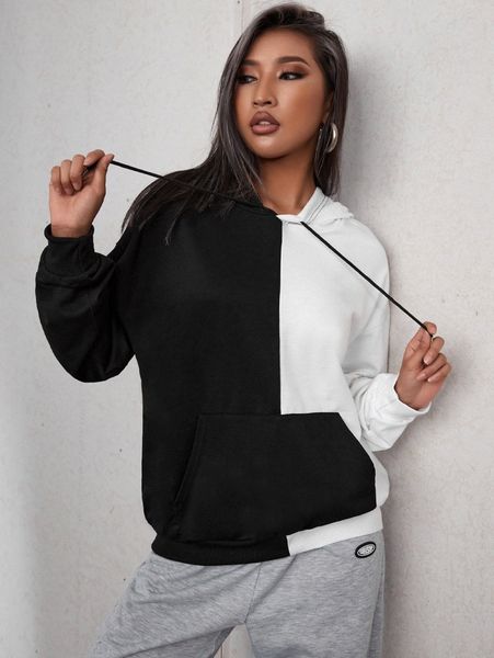 

two tone kangaroo pocket drop shoulder drawstring hoodie 262g#, White;black