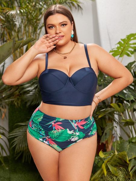 

plus tropical print ruched push up bikini swimsuit r46m#, Black