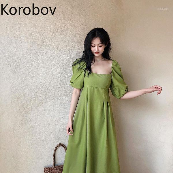

korobov 2021 new chic sweet green women dress vintage elegant square collar puff sleeve vestidos mujer korean a-line dresses1, Black;gray