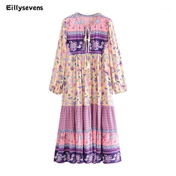 

women's bohemian printed tassels dress with wide bands ladies vintage long swing dresses women autumn casual beach dress #g31, Black;gray