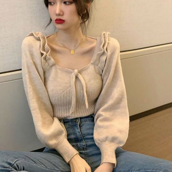 

new retro 2021 japanese fashion female mesh fall square neck lace-up sweater jumper y515 fyal, White;black