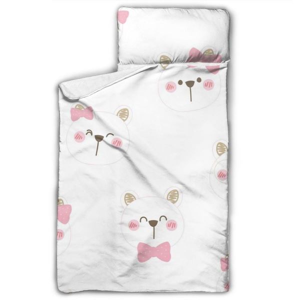 

cute cartoon bear face toddler nap mat children's sleeping bag with removable pillow for preschool daycare and sleepovers