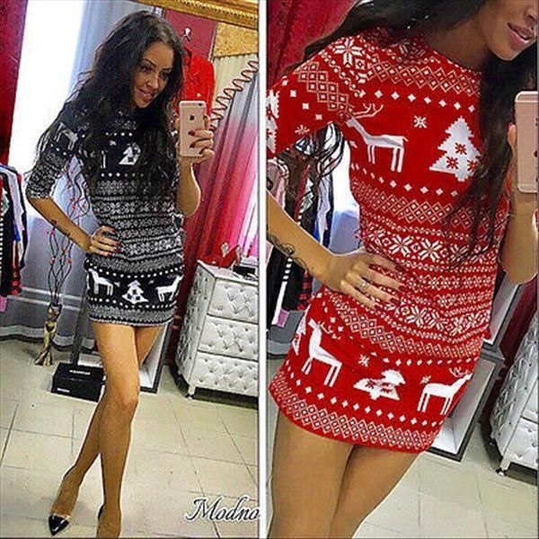 

xmas christmas womens long sleeve floral cartoon deer pullover jumper o neck mini dress, Black;gray