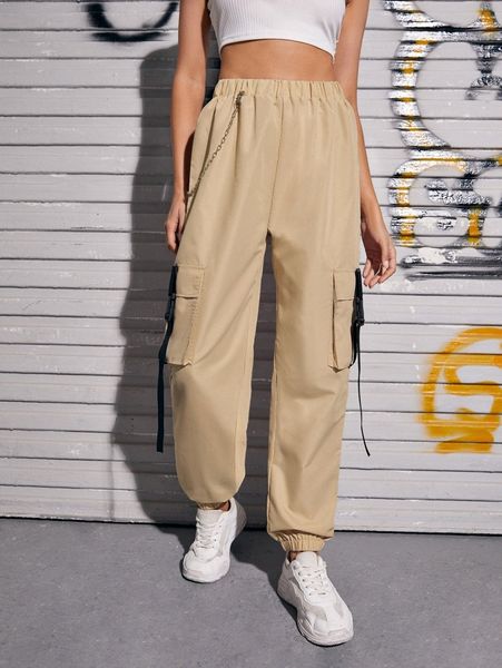 

petite chain detail flap pocket buckle pants w6jg#, Black;white