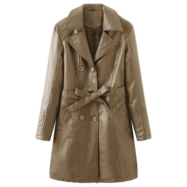 

women's leather windbreaker autumn winter ladies long faux pu leatherette dust coat thicked fleece windproof warm casual jacket, Tan;black