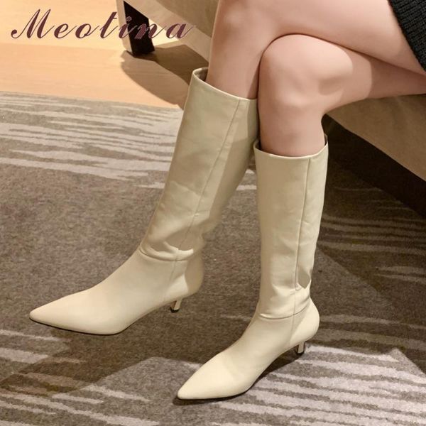 

boots meotina women knee high shoes genuine leather heel long pointed toe pleated thin heels fashion ladies 40, Black