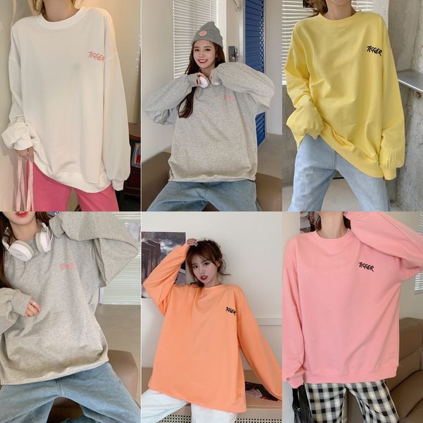

new embroidered sweater autumn 2020 solid color loose and versatile korean embroidered letters autumn long sleeve round neck mid long sweate, Black