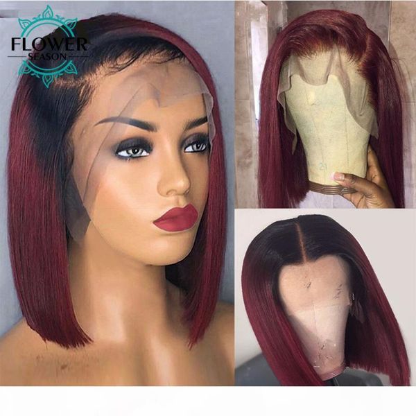 

ombre human hair wig 99j burgundy short lace front bob wigs for women 13x6 brazilain straight remy 150% preplucked flowerseason, Black;brown