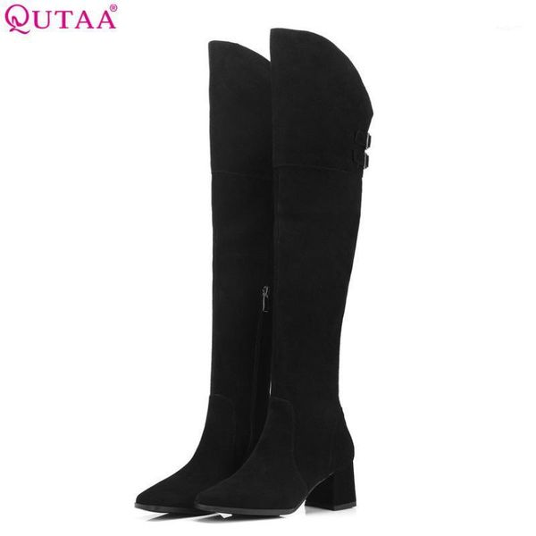 

boots qutaa 2021 cow suede women platform all match over the knee high square heel winter big size 34-391, Black
