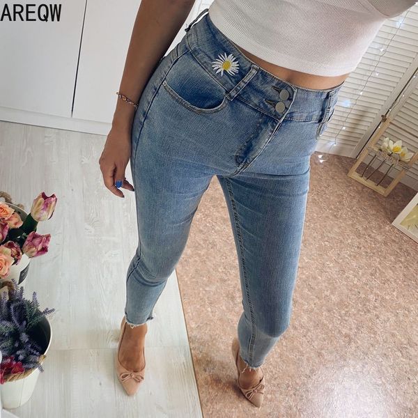 

embroidery skinny slim jeans for women vintage black jeans female denim pencil pants stretch korean jean summer streetwear 201106, Blue