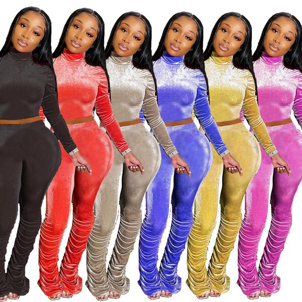

women fashion clothing two piece set of velvet pleated flared pants long sleeve tracksuit the new listing, White