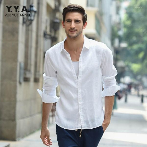 

mens casual linen white shirt slim fit thin section long sleeve lapel single breasted men classic solid color simple shirts1, White;black