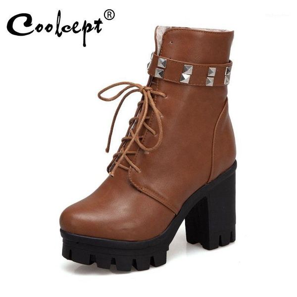 

boots coolcept woman pu leather rivets ankle platform zipper black motorcycle fashion shoes size 34-431