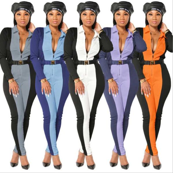 

contrast color patchwork women skinny jumpsuits 2020 autumn winter lady's turn-down collar full sleeve zipper rompers, Black;white