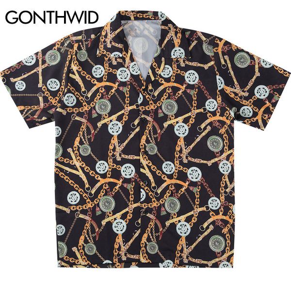 

belts chain print beach aloha hawaiian shirts summer hip hop casual short sleeve streetwear men button down kg-295, White;black