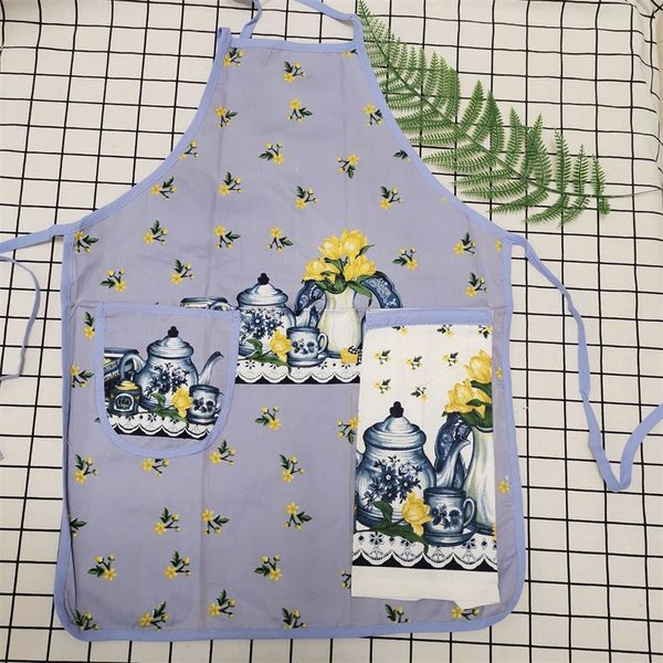 

new design 100 %cotton ladies kitchen aprons creative cartoon printed cooking apron with pockets hand towel household cleaning tools 145 g2
