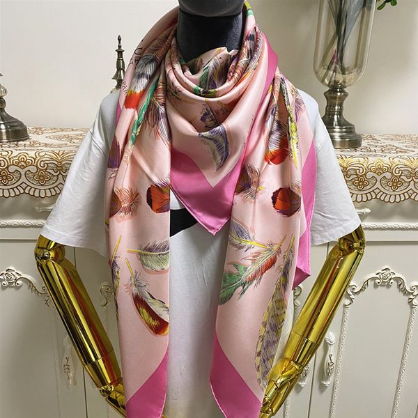 

new style women's square scarf scarves 100% twill silk material pink color pint feather pattern size 130cm - 130cm, Blue;gray