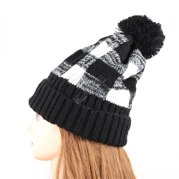 

women winter flanged plaid beanies brand designer cap hat knitted woolen caps pompom crochet bonnet fashion checkered beanie hats d92403, Yellow