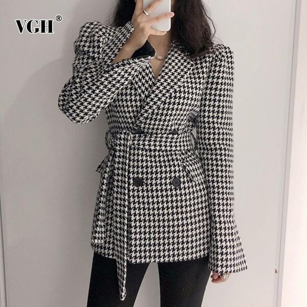 

vgh plaid blazer for women notched long sleeves double breasted high waist with belt slim coat female 2020 autumn fashion new, White;black