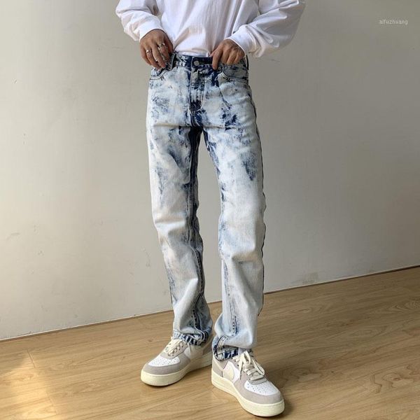

new male streetwear hip hop straight loose denim pant trousers men tie-dyed vintage casual jeans1, Blue