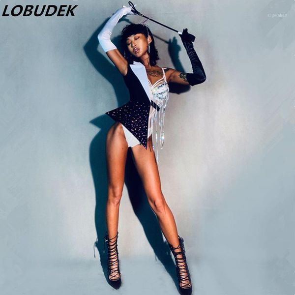 

dj singer bar nightclub stage wear fashion black white patchwork rhinestones bodysuit women dancer team performance costume1, Black;red