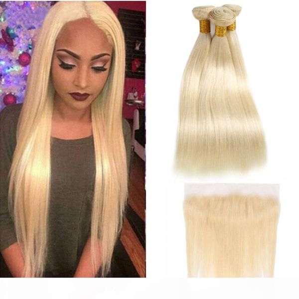 

malaysian unprocessed human hair extensions 13x4 lace frontal silky straight 8-28inch 13*4 frontal with bundles 613 blonde natural color, Black;brown