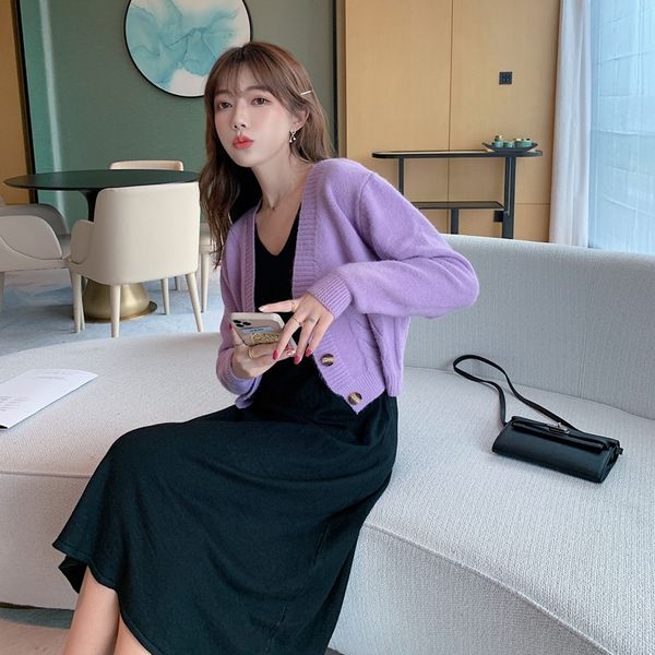 

autumn and winter new korean single breasted v-neck sleeve knitted cardigan coat suspender medium length sling long skirt coat long skirt dr, Gray
