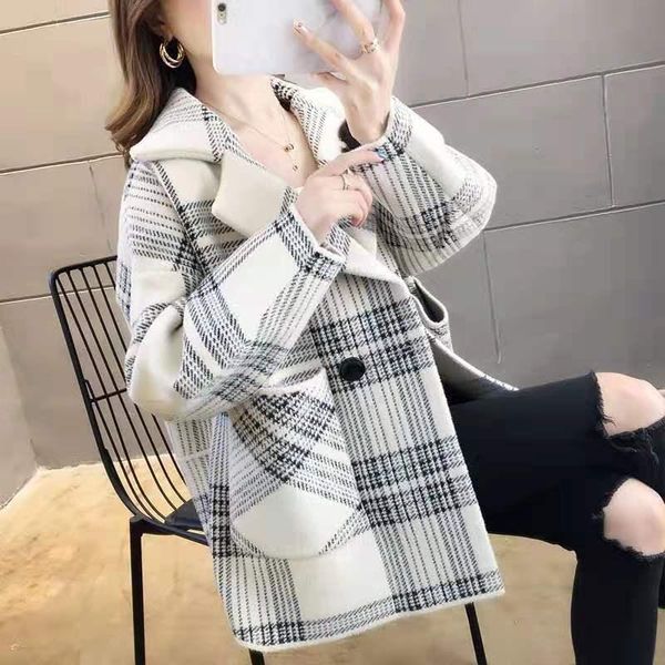 

women's knits & tees women 2021 autumn winter imitation mink velvet coat female retro plaid cardigan outwears ladies loose warm jackets, White