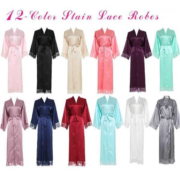 

women large plain bride bridesmaid kimono silk satin robes sleepwear wedding bathrobe lace robe maid of honor long gown1, Black;red
