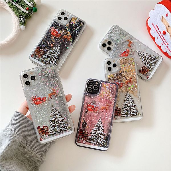 Рождество Блеск Quicksand Дело телефон для iphone 12 Pro Max 11 XS 8 Plus Max Bling Bling Soft TPU задняя обложка с Рождеством