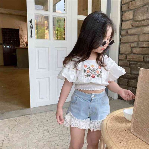 

children fashion clothing set for girls lace embroidery short cut-waist flying sleeve baby summer shirt suit boutique kids wear, White