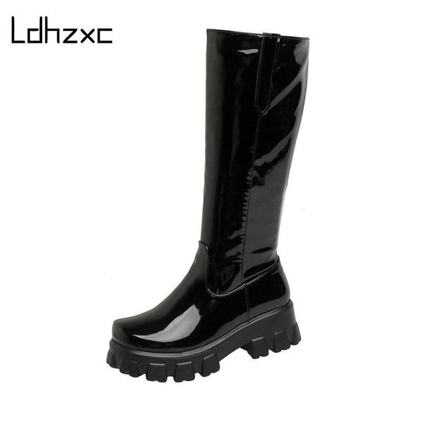 

ldhzxc autumn winter news women knee-high motorcycle boots thick heel platform heel female wedding boots plus size 43, Black