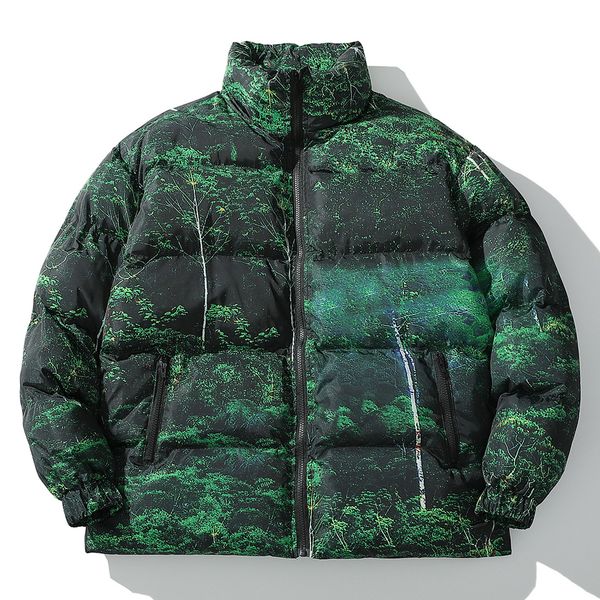 

2021 new hip hop parka jackets men harajuku forest leaf print padded jacket streetwear winter cotton loose pullover warm outwear 1phe, Black