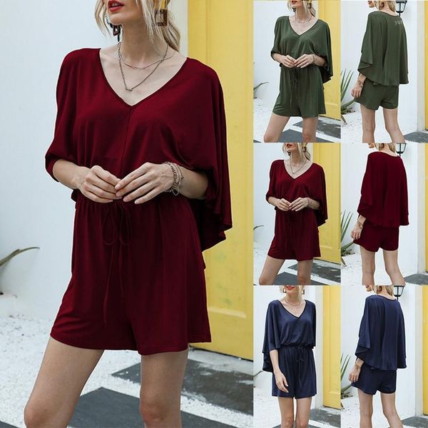 

summer high waist ladies casual v-neck bat sleeve design waist jumpsuit1, Black;white