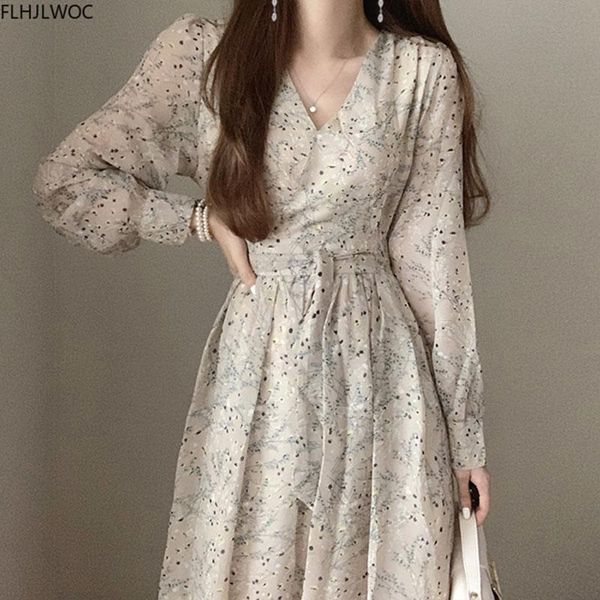 

2020 autumn basic long dress long sleeve v neck floral printed retro vintage a line women dresses chic korea fashion vestidos, Black;gray
