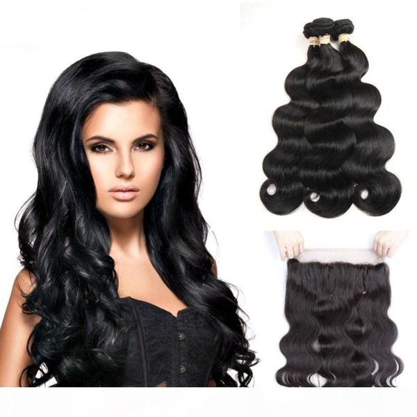 

360 кружева фронтальная с 3 связки человеческих волос для чернокожих женщин natural pre щипковых 150% плотность объемной волны бразильского, Black