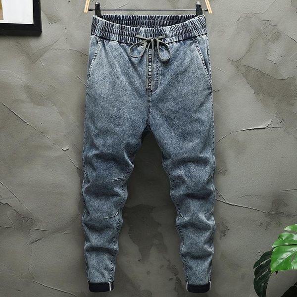 

men's jeans spring summer elastic waist denim men solid color slim washed casual cowboy vintage trousers wild, Blue