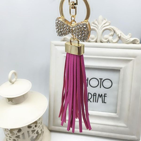 

new leather tassel keychain for women crystal bowknot keyring bag charm for keys porte cle llavero sleutelhanger eh628 h bbyeal, Slivery;golden