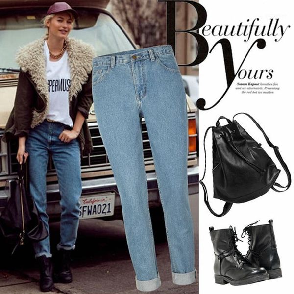 

denim high waisted loose jeans womens pants clothes jeans plus size1, Blue