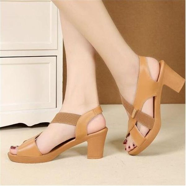

women's summer pu leather high heels sandals 2020 square heel ankle strap peep toe middle-aged mom footwear sandalias mujer, Black