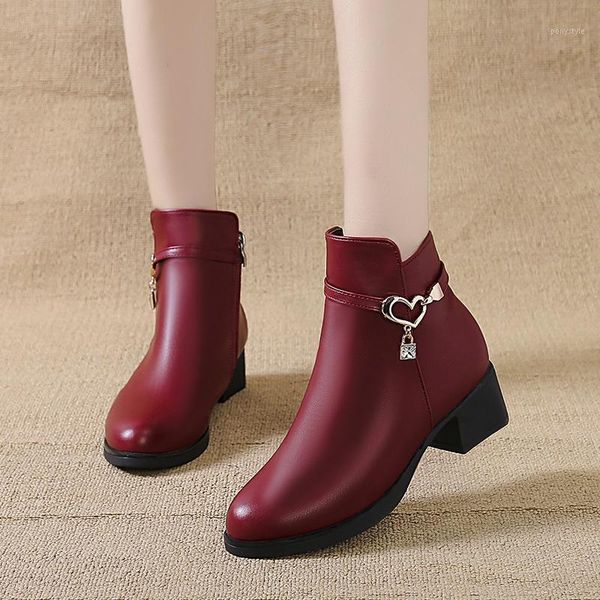 

boots leather ankle for women winter short plush shoes square heart crystal heels fashion black wine red rubber1