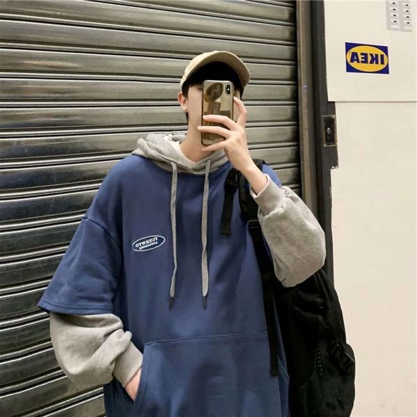 

fake two loose hooded men's autumn ins casual hat cool trendy coat, Black