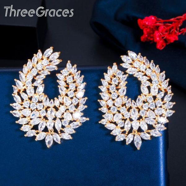 

ThreeGraces Shiny CZ Crystal Gold Color Leaf Shape Drop Big Stud Earrings for Women Wedding Engagement Statement Jewelry ER540, Golden;silver