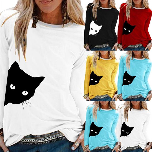 

2020 tshirt women casual cat print o neck long sleeve loose t shirt haut camiseta mujer women harajuku t shirt, White