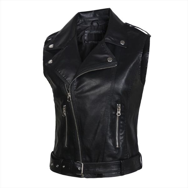 

leather vests women fashion 2019 pu leather vest winter belt patterns motorcycle vest slim outerwear waistcoat jacket in stock, Black